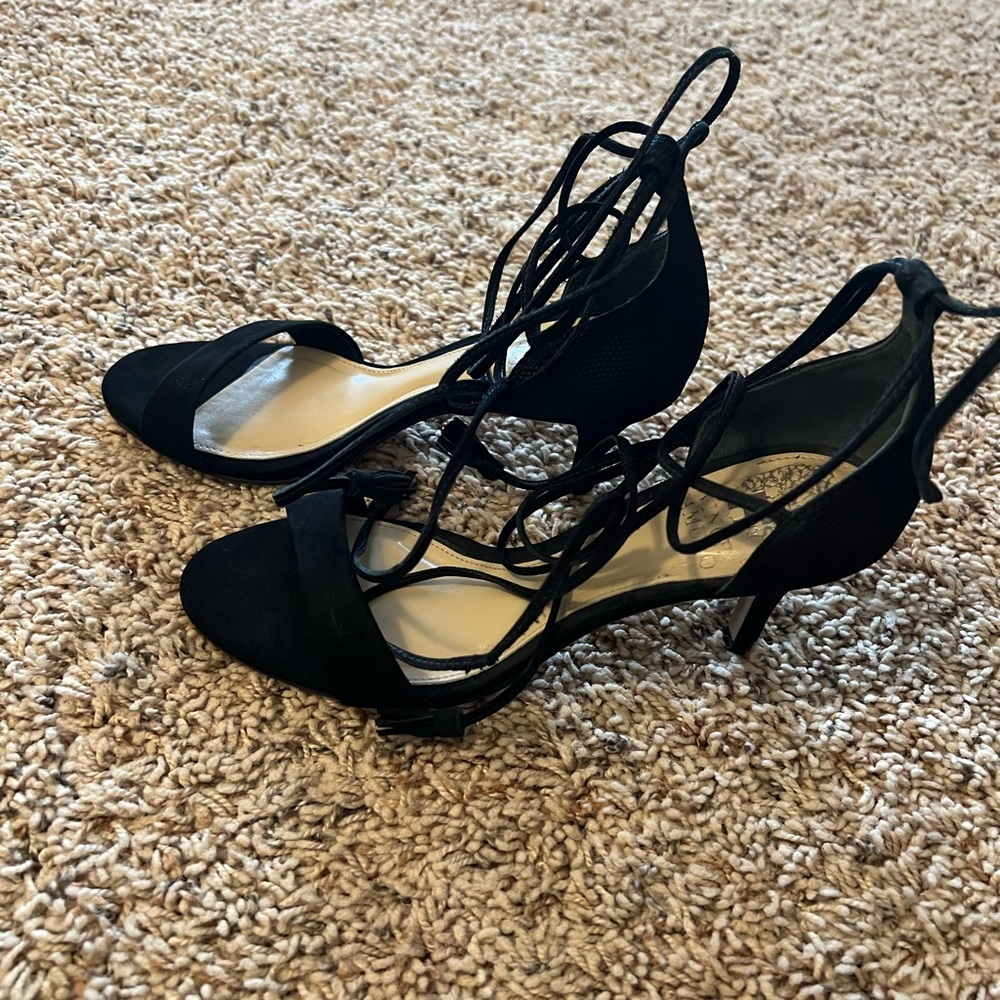 Black velvet strap 2” heel sandals